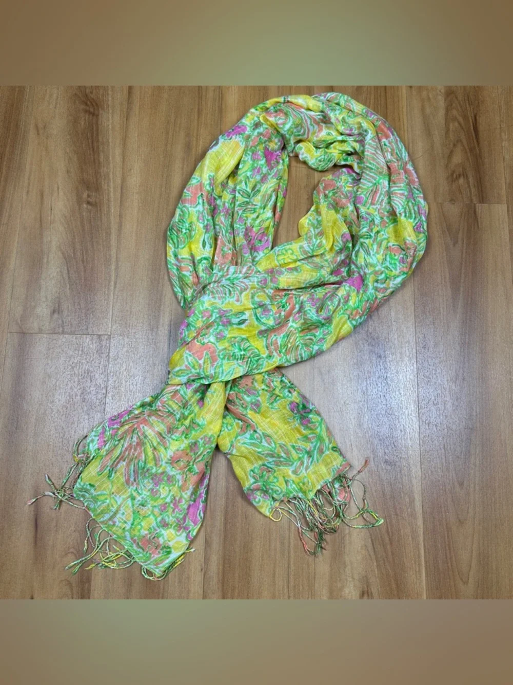 Lilly Pulitzer‎ Floral Scarf Yellow Pink Green Fringe Lightweight Wrap